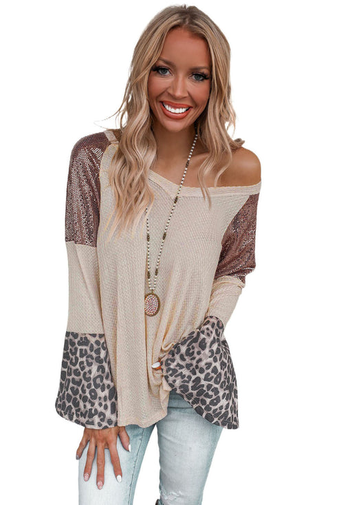 Sequin Patchwork Bell Sleeve V Neck Tunic Top